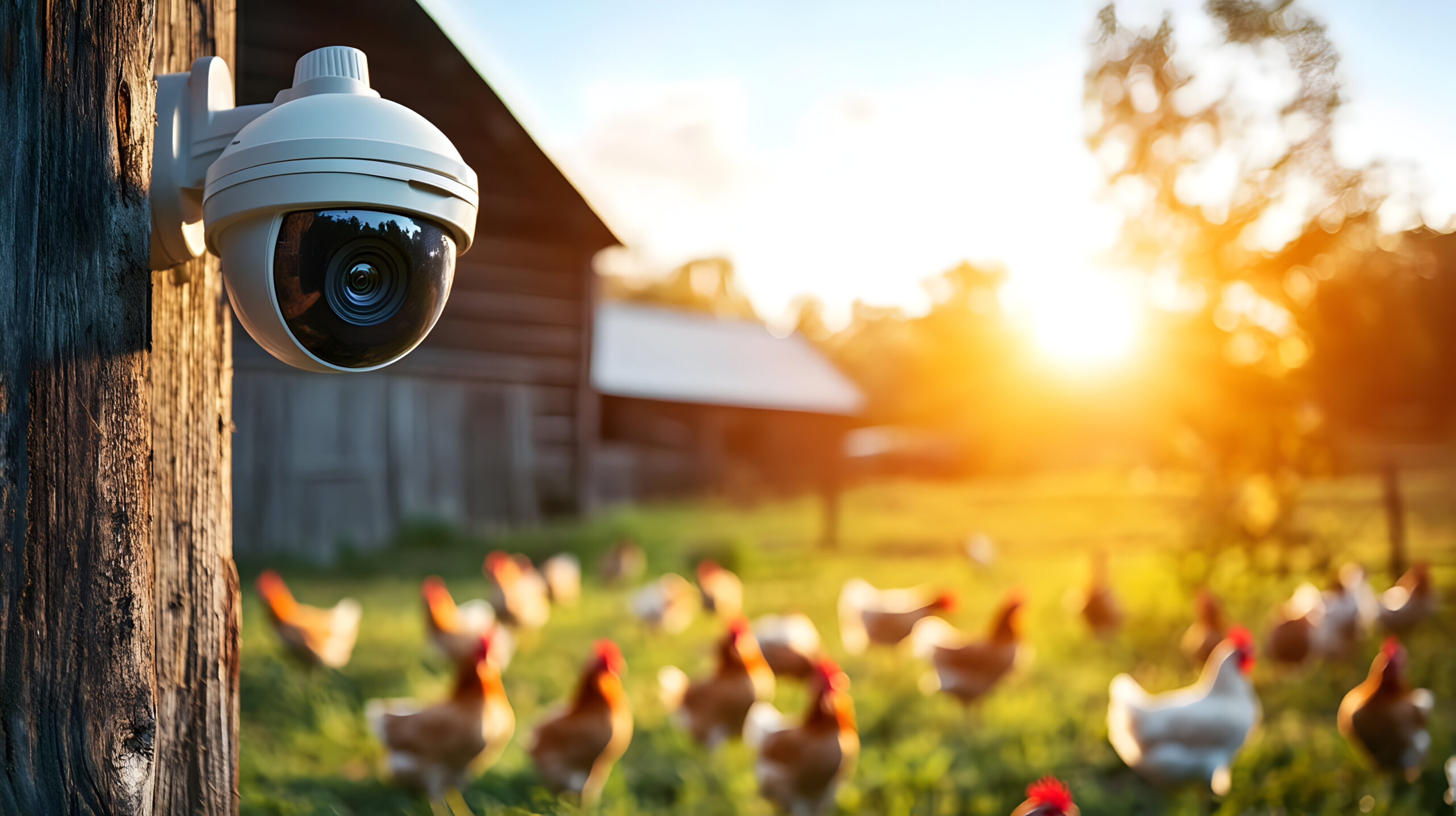 a surveillance camera monitors a farm with chickens during sunrise, presenting a blend of technology and nature.