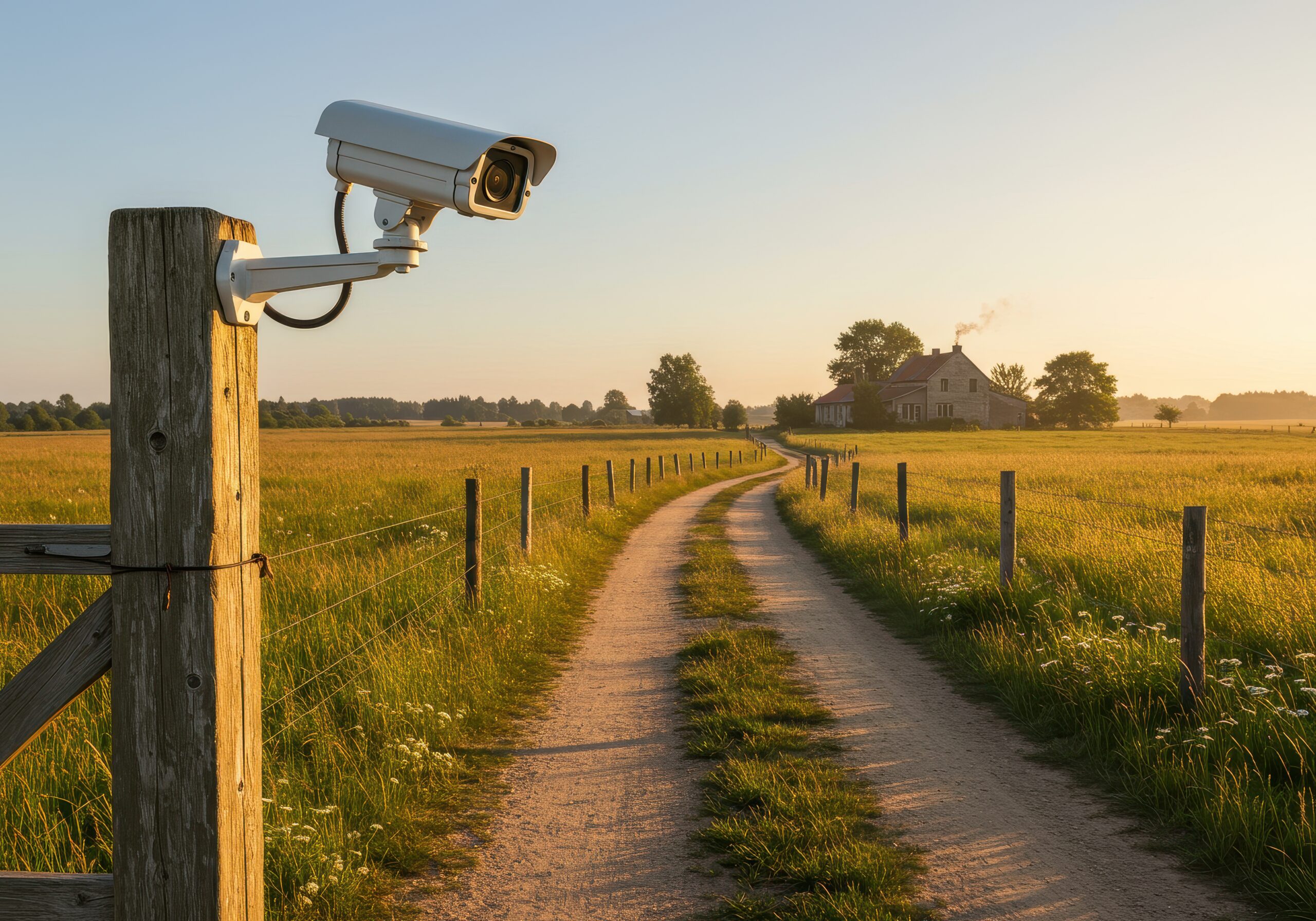 serene landscape with surveillance camera overlooking rural pathway and house in sunset glow, enhancing sense of security and tranquility