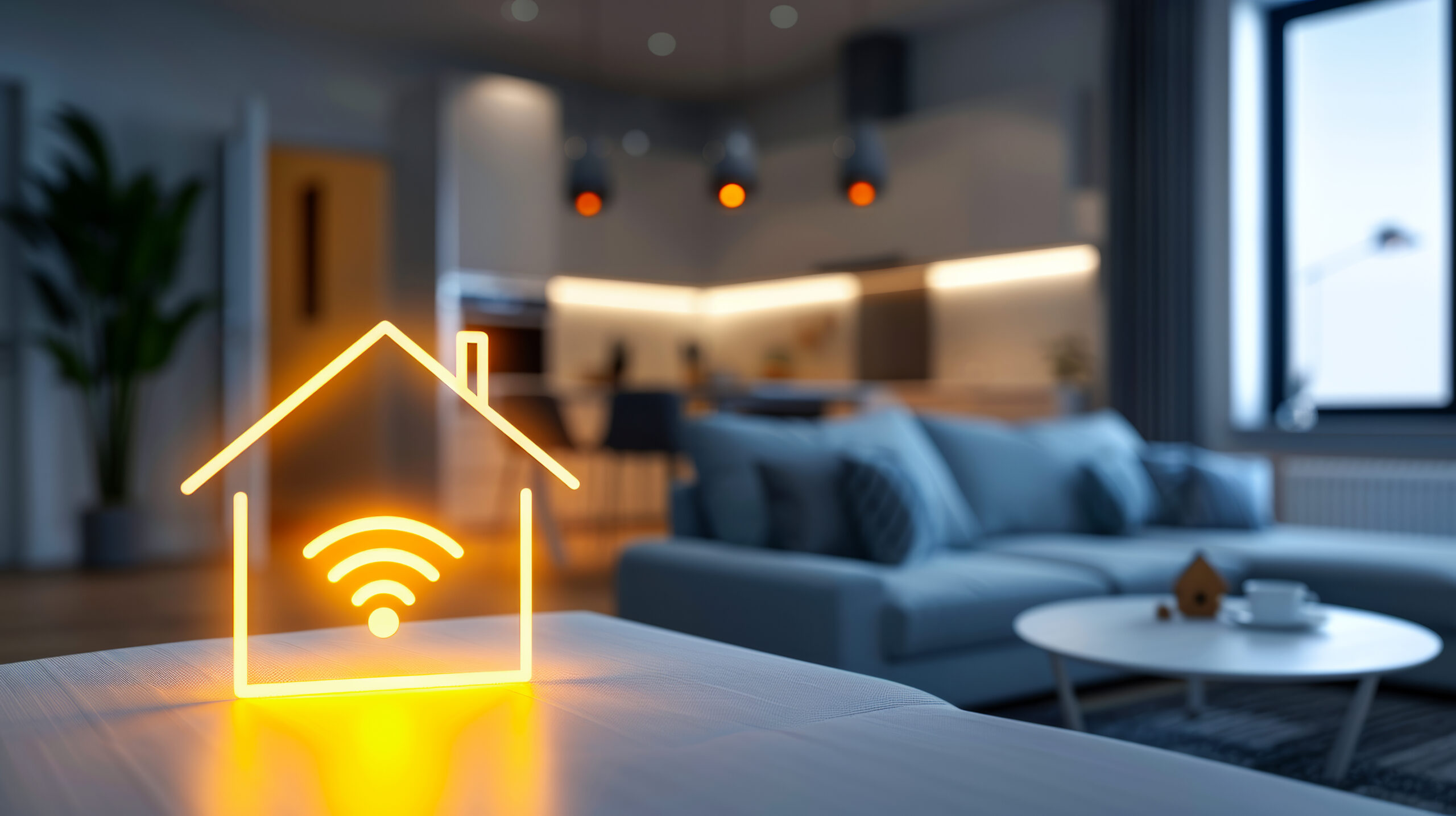 a glowing house icon with wifi symbol sits on a coffee table in a modern living room, representing the concept of smart home technology.